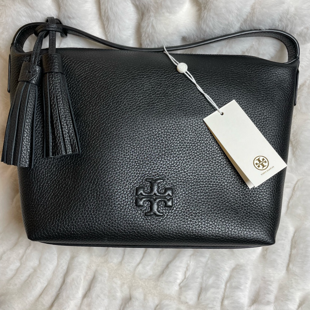 Tory Burch, Black Pebbled, Leather Shoulder Bag With Tassels Nwt And Dust Bag